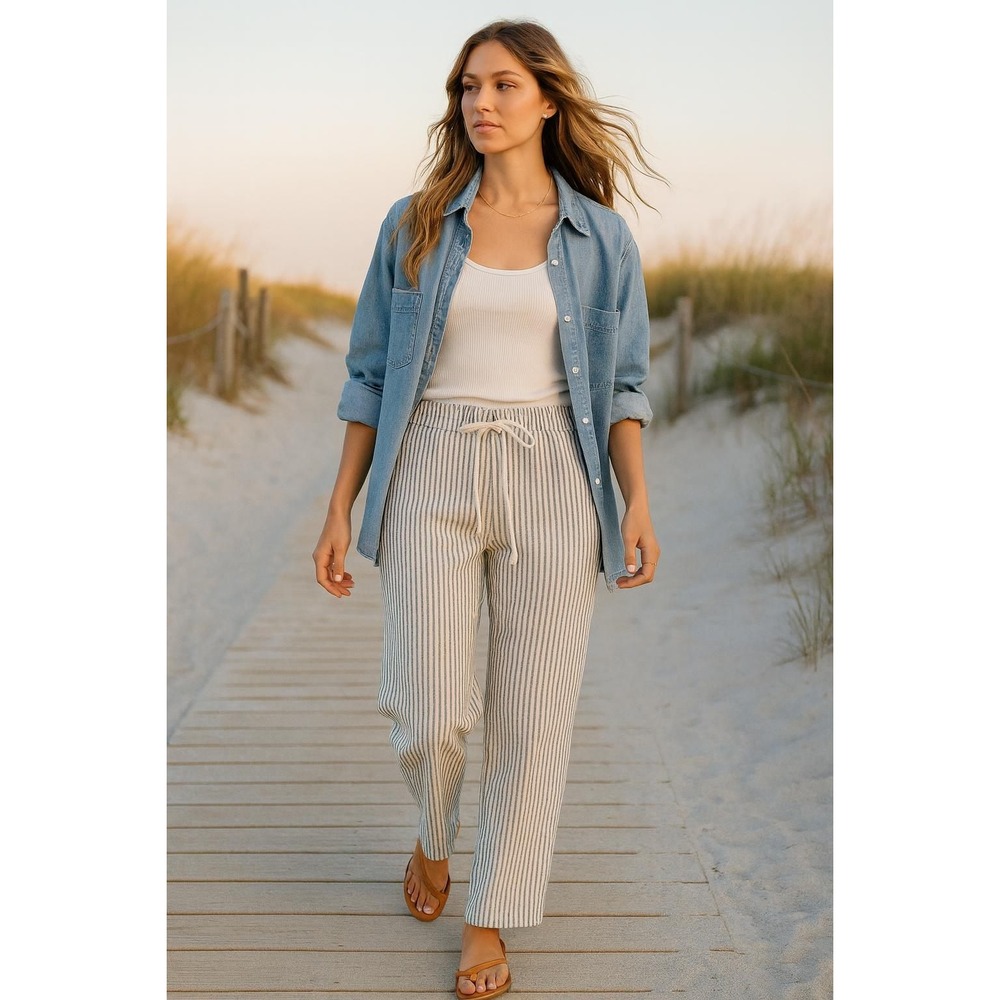 Caslon Stripe Linen Blend Pull-On Pants Petite Medium White Navy Blue Wide Leg
